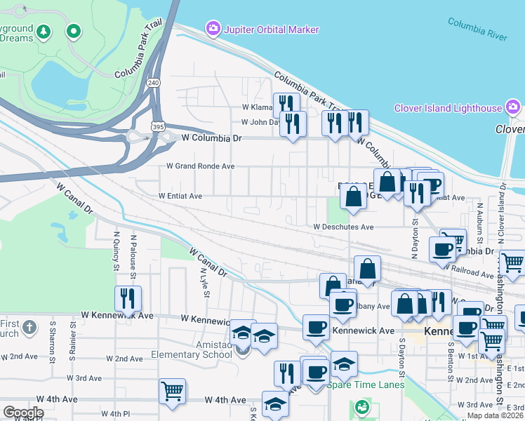 map of restaurants, bars, coffee shops, grocery stores, and more near 907 West Entiat Avenue in Kennewick