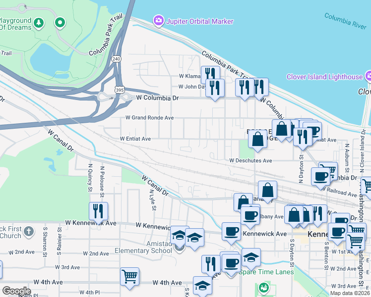 map of restaurants, bars, coffee shops, grocery stores, and more near 907 West Entiat Avenue in Kennewick