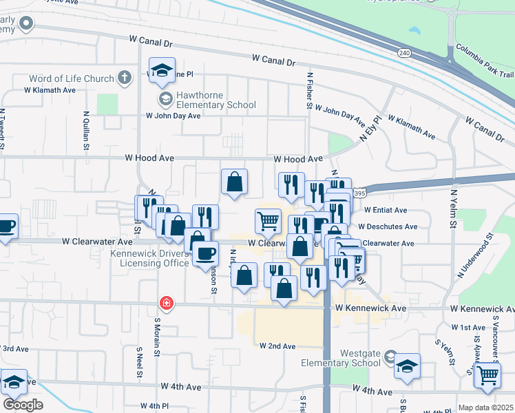 map of restaurants, bars, coffee shops, grocery stores, and more near 3060 W Clearwater Ave in Kennewick