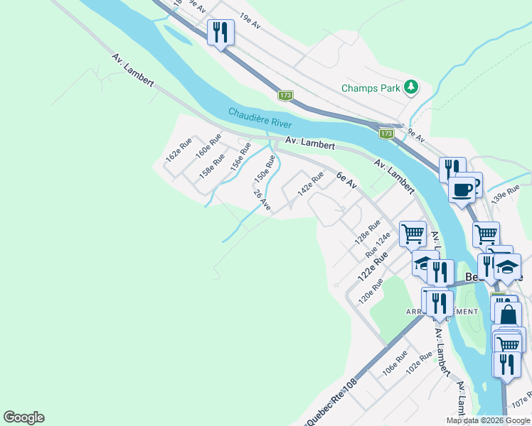 map of restaurants, bars, coffee shops, grocery stores, and more near 222 26e Avenue in Beauceville