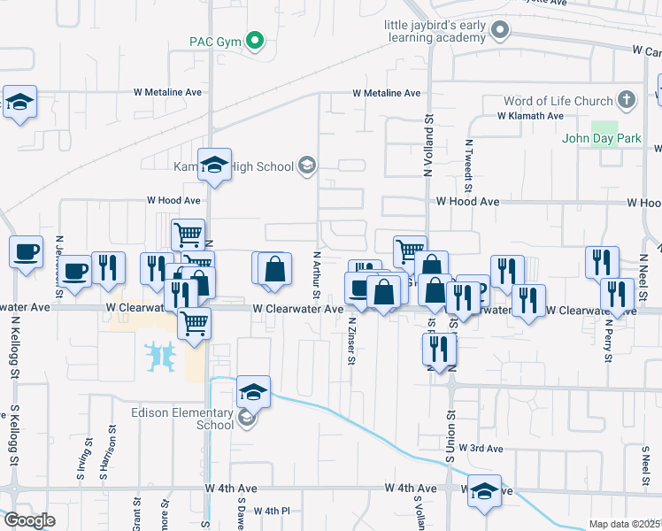 map of restaurants, bars, coffee shops, grocery stores, and more near 400 North Arthur Street in Kennewick