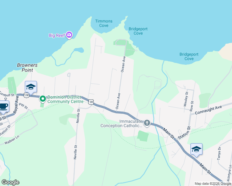 map of restaurants, bars, coffee shops, grocery stores, and more near 49 Ocean Avenue in Dominion