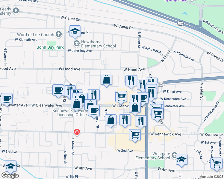 map of restaurants, bars, coffee shops, grocery stores, and more near 3214 West Clearwater Avenue in Kennewick