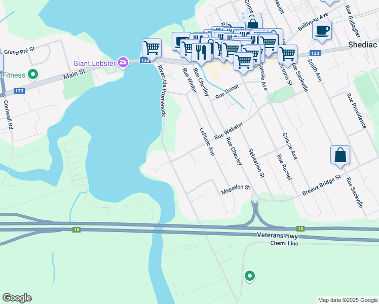 map of restaurants, bars, coffee shops, grocery stores, and more near Webster Street in Shediac