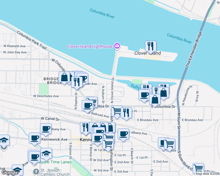 map of restaurants, bars, coffee shops, grocery stores, and more near 15 Clover Island Dr in Kennewick