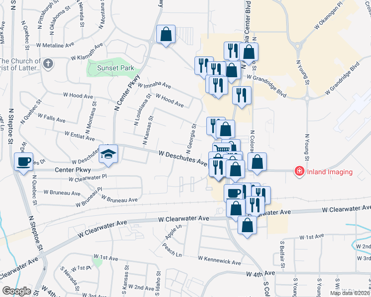 map of restaurants, bars, coffee shops, grocery stores, and more near 401 North Georgia Street in Kennewick