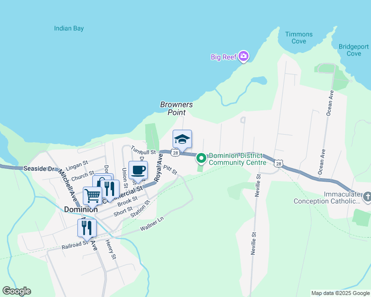 map of restaurants, bars, coffee shops, grocery stores, and more near 14 Cottage Street in Dominion