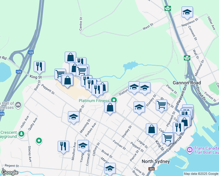 map of restaurants, bars, coffee shops, grocery stores, and more near 25 Ferris Street in North Sydney