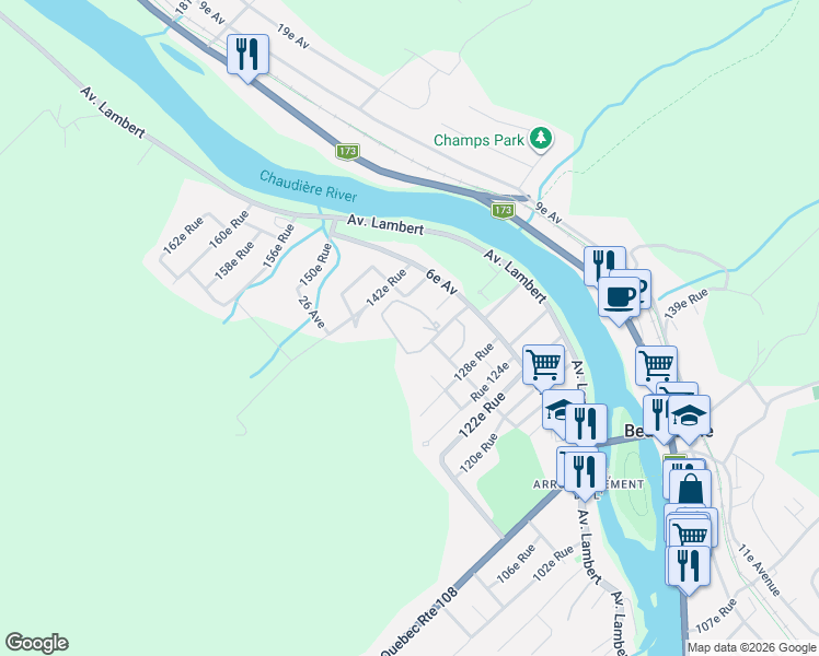 map of restaurants, bars, coffee shops, grocery stores, and more near 202 12e Avenue in Beauceville