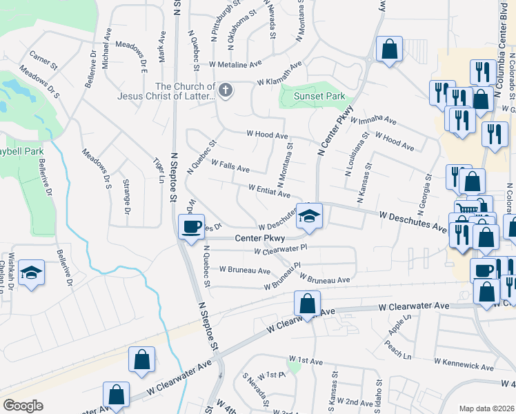 map of restaurants, bars, coffee shops, grocery stores, and more near 312 North Oklahoma Street in Kennewick