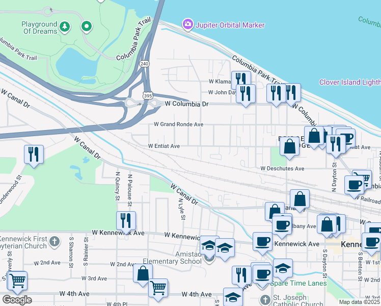 map of restaurants, bars, coffee shops, grocery stores, and more near 1311 West Entiat Avenue in Kennewick