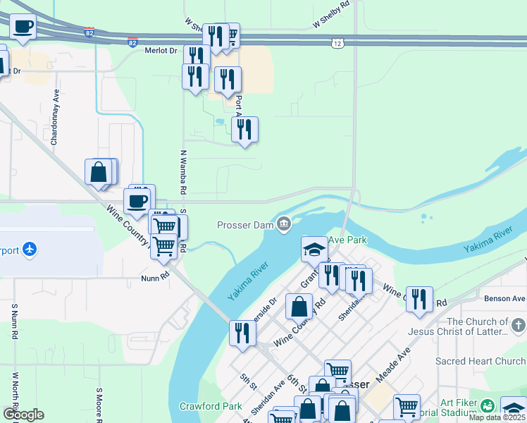 map of restaurants, bars, coffee shops, grocery stores, and more near 680 Old Inland Empire Highway in Prosser