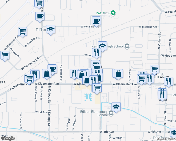 map of restaurants, bars, coffee shops, grocery stores, and more near 322 North Grant Street in Kennewick