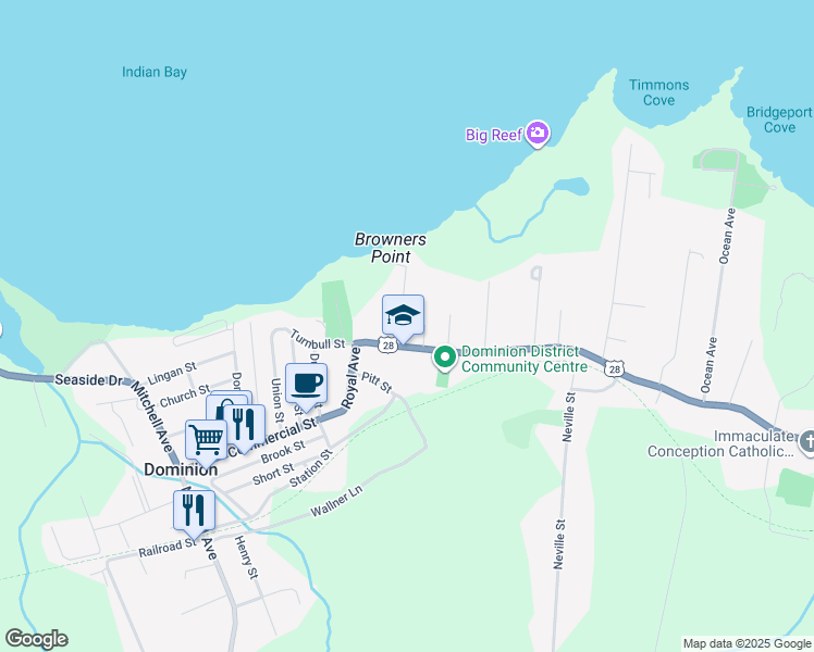 map of restaurants, bars, coffee shops, grocery stores, and more near 14 Cottage Street in Dominion