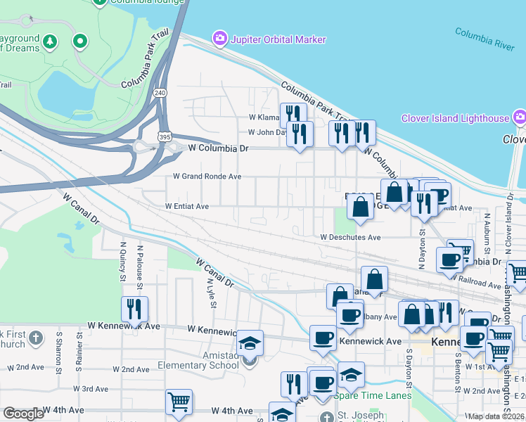 map of restaurants, bars, coffee shops, grocery stores, and more near 907 West Entiat Avenue in Kennewick