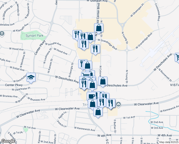 map of restaurants, bars, coffee shops, grocery stores, and more near 602 North Columbia Center Boulevard in Kennewick