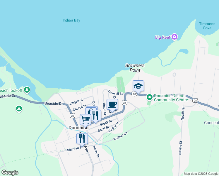 map of restaurants, bars, coffee shops, grocery stores, and more near 33 Turnbull Street in Dominion