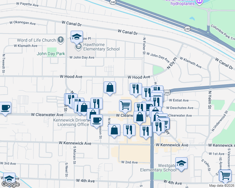 map of restaurants, bars, coffee shops, grocery stores, and more near 511 North Green Place in Kennewick