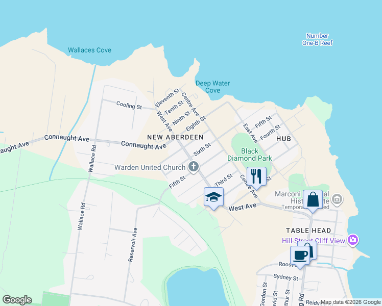 map of restaurants, bars, coffee shops, grocery stores, and more near 25 Sixth Street in Glace Bay