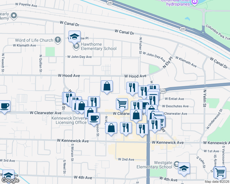 map of restaurants, bars, coffee shops, grocery stores, and more near 511 North Green Place in Kennewick