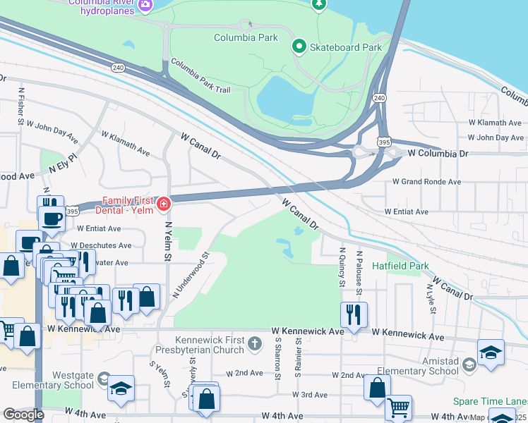 map of restaurants, bars, coffee shops, grocery stores, and more near 602 North Underwood Street in Kennewick