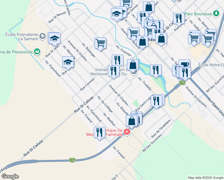 map of restaurants, bars, coffee shops, grocery stores, and more near 1493 Avenue Saint Charles in Plessisville