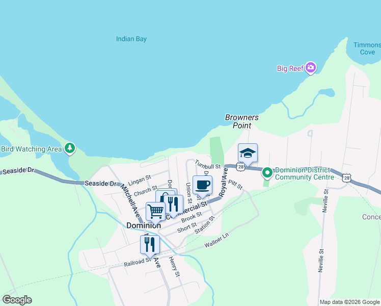 map of restaurants, bars, coffee shops, grocery stores, and more near 33 Turnbull Street in Dominion