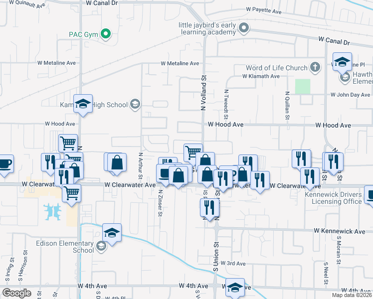 map of restaurants, bars, coffee shops, grocery stores, and more near 445 North Volland Street in Kennewick