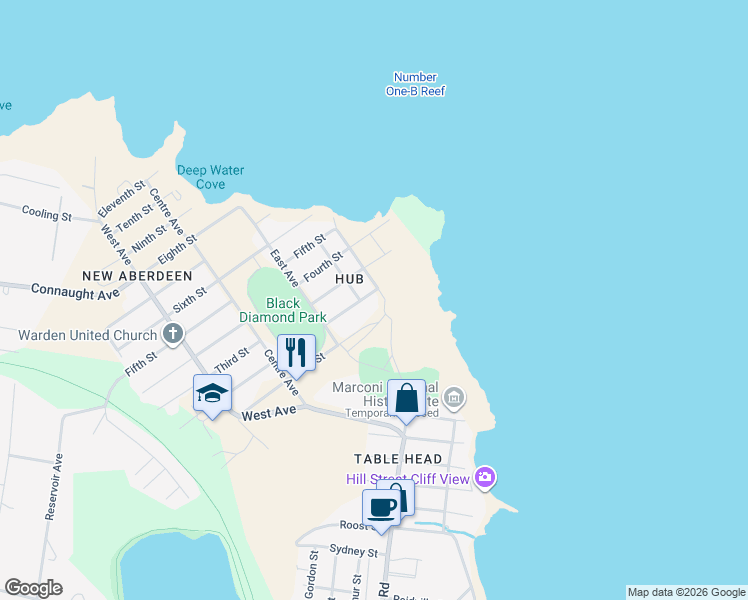 map of restaurants, bars, coffee shops, grocery stores, and more near 96 Second Street in Glace Bay