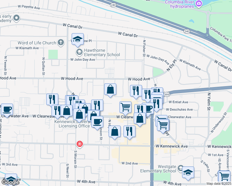 map of restaurants, bars, coffee shops, grocery stores, and more near 3131 West Hood Avenue in Kennewick