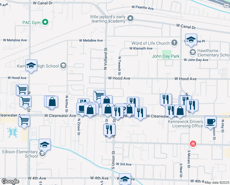 map of restaurants, bars, coffee shops, grocery stores, and more near 440 North Volland Street in Kennewick
