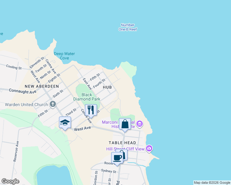 map of restaurants, bars, coffee shops, grocery stores, and more near 100 Third Street in Glace Bay