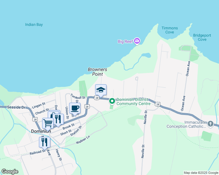map of restaurants, bars, coffee shops, grocery stores, and more near 19 Coppers Lane in Dominion