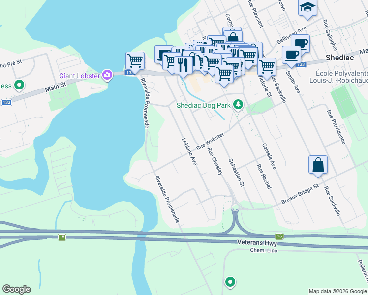 map of restaurants, bars, coffee shops, grocery stores, and more near in Shediac