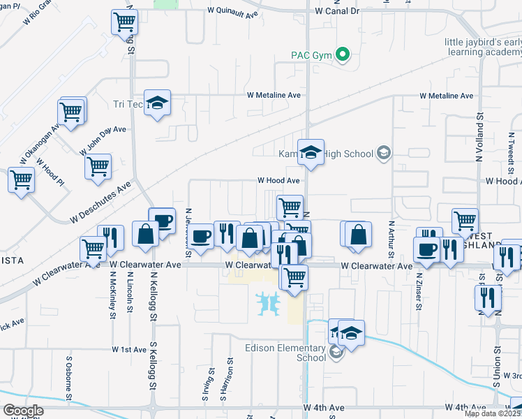 map of restaurants, bars, coffee shops, grocery stores, and more near 526 North Grant Street in Kennewick