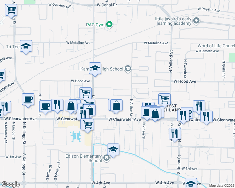 map of restaurants, bars, coffee shops, grocery stores, and more near 465 North Arthur Street in Kennewick