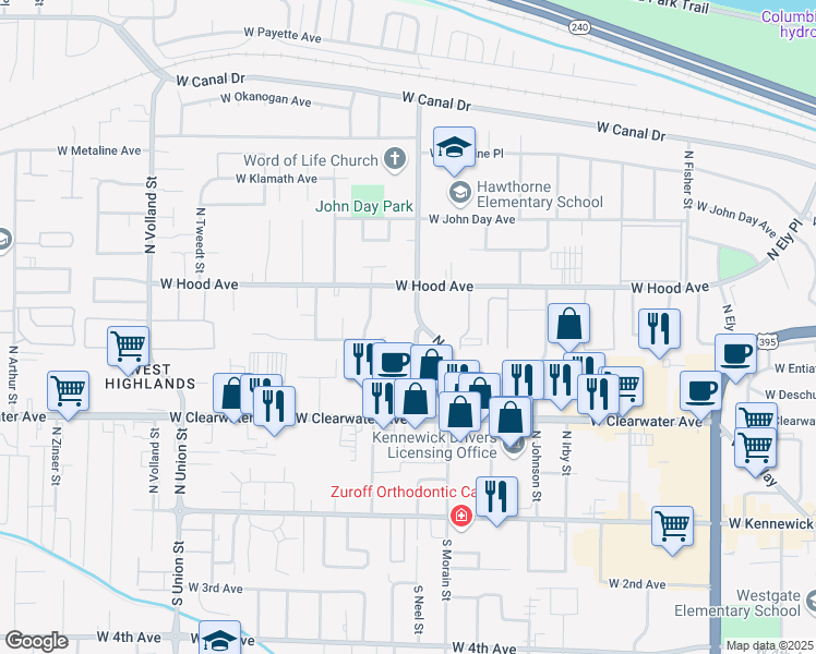 map of restaurants, bars, coffee shops, grocery stores, and more near 515B North Neel Street in Kennewick