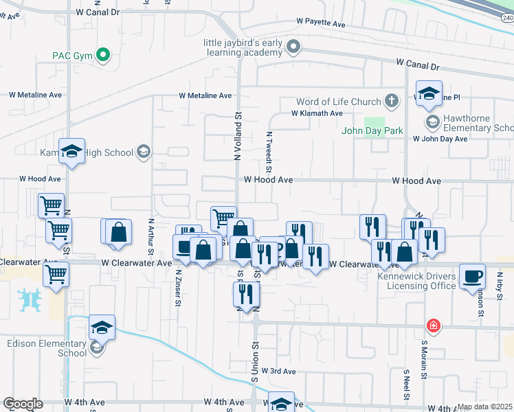 map of restaurants, bars, coffee shops, grocery stores, and more near 440 North Volland Street in Kennewick