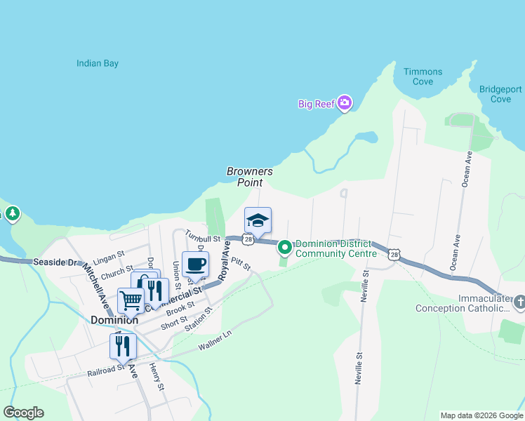 map of restaurants, bars, coffee shops, grocery stores, and more near 34 Cottage Street in Dominion