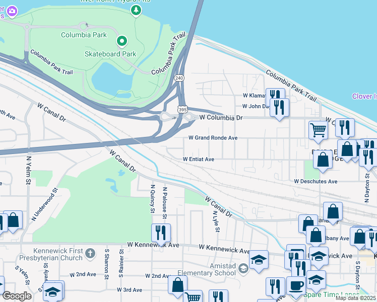 map of restaurants, bars, coffee shops, grocery stores, and more near 510 North Olympia Street in Kennewick