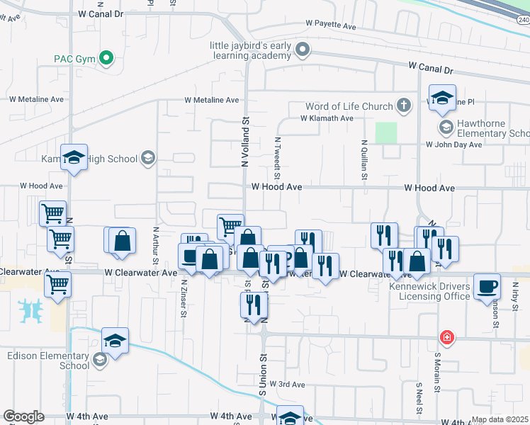 map of restaurants, bars, coffee shops, grocery stores, and more near 440 North Volland Street in Kennewick
