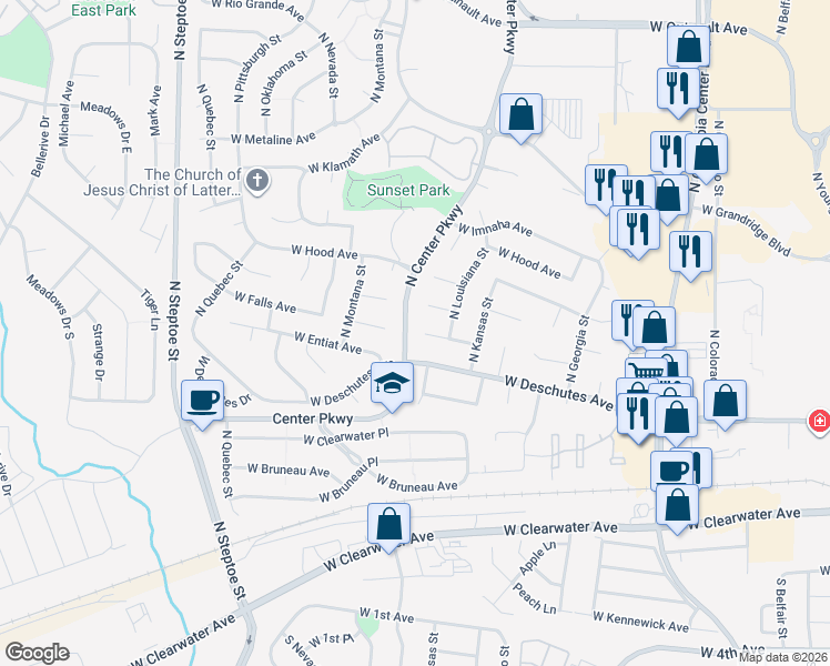 map of restaurants, bars, coffee shops, grocery stores, and more near 8415 West Entiat Place in Kennewick