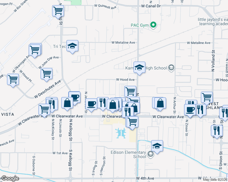 map of restaurants, bars, coffee shops, grocery stores, and more near 531 North Grant Street in Kennewick