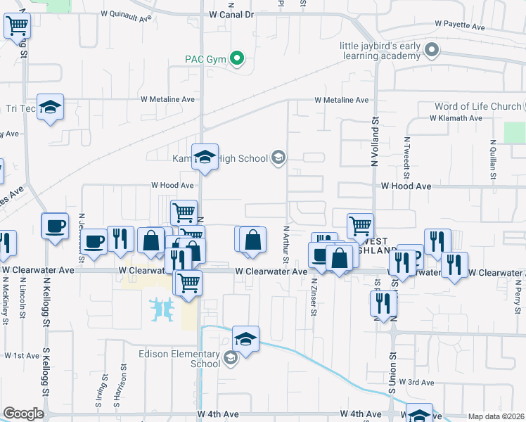 map of restaurants, bars, coffee shops, grocery stores, and more near 465 North Arthur Street in Kennewick