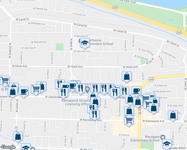 map of restaurants, bars, coffee shops, grocery stores, and more near 515 North Johnson Street in Kennewick