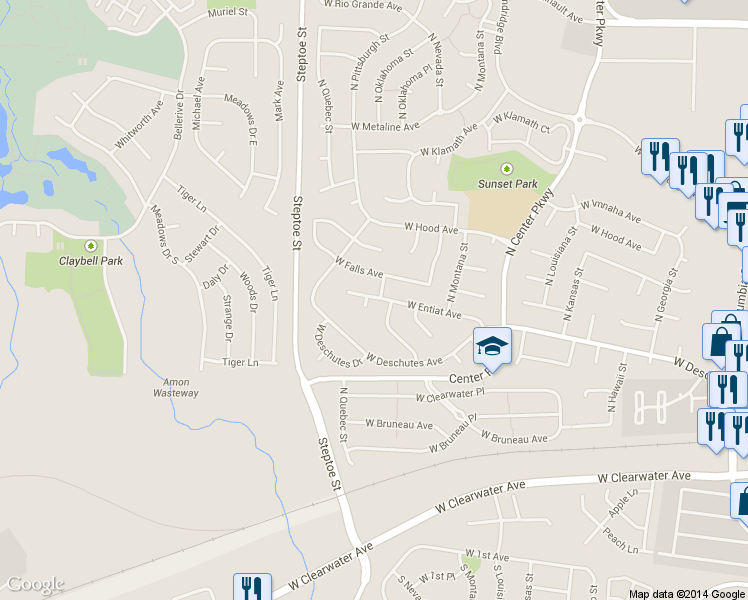 map of restaurants, bars, coffee shops, grocery stores, and more near 8801 West Entiat Avenue in Kennewick