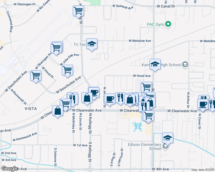 map of restaurants, bars, coffee shops, grocery stores, and more near 519 N Jefferson St in Kennewick