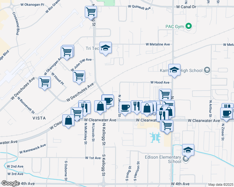 map of restaurants, bars, coffee shops, grocery stores, and more near 519 North Jefferson Street in Kennewick