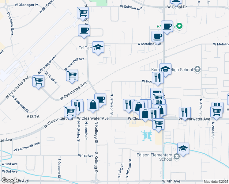 map of restaurants, bars, coffee shops, grocery stores, and more near 519 N Jefferson St in Kennewick