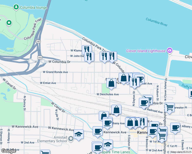 map of restaurants, bars, coffee shops, grocery stores, and more near 516 North Hartford Street in Kennewick
